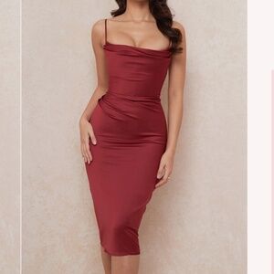 House of CB ANJA Wine Satin Corset Midi Dress